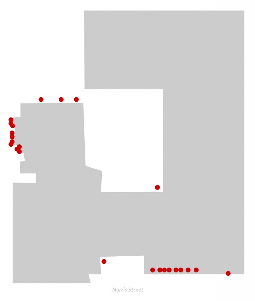 Map of Tyler School of Art with locations of dead birds mapped