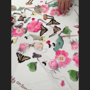 photographic fabric patches of various insects and plants including butterflies and roses