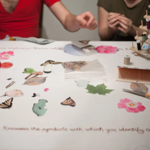 Alterations_Alterations-48 copy close-up on fabric patches of butterflies, leaves, mushrooms and flowers on a white tablecloth. In the backgroun, hands work on sewing.