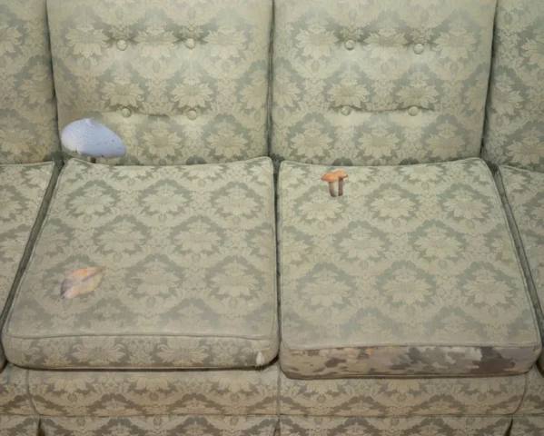 Sage green brocade couch has mushroom and leaf patches on it, as well as a tear mended with fabric that has sycamore bark printed onto it.