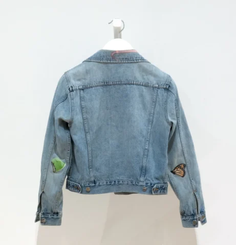 worms, monarch butterfly, and leaf with caterpillar on it appliqued on a denim jacket