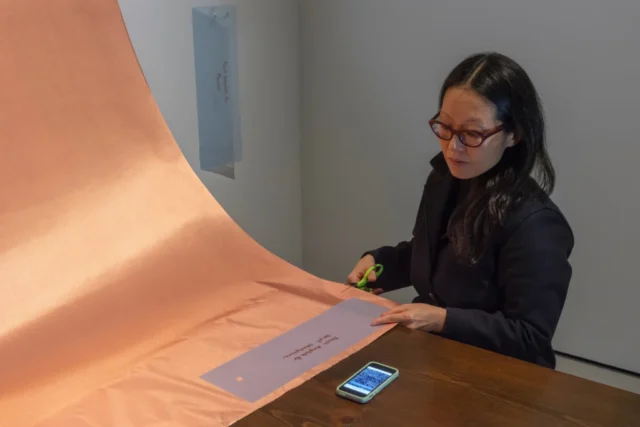 aov9_stephanierogers_dsc0874_45797788312_o A woman looks at an image on her phone while using a provided template to cut a length of EMF-blocking copper fabric